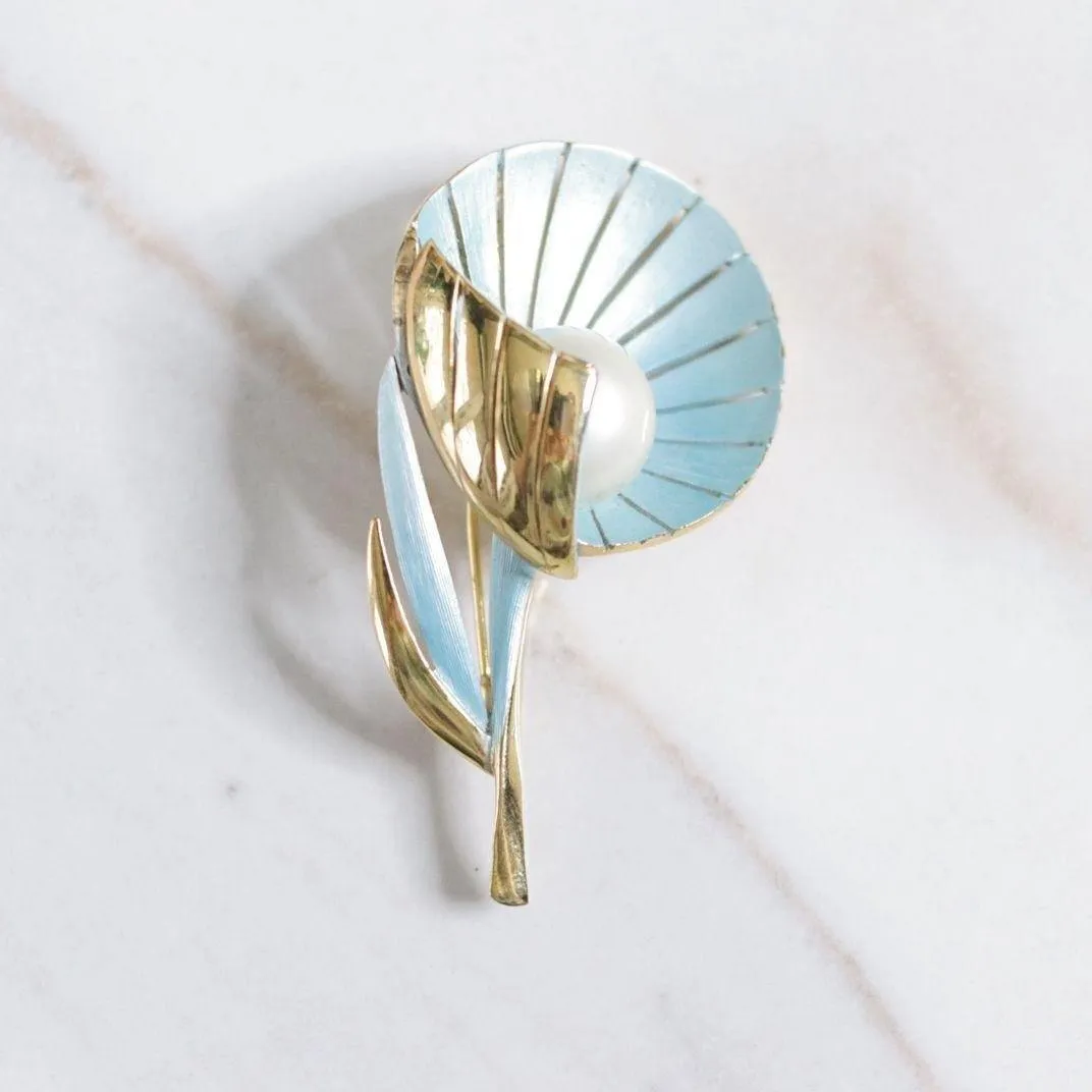 Vintage Blue Fan Flower with Pearl Brooch