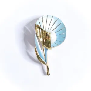 Vintage Blue Fan Flower with Pearl Brooch