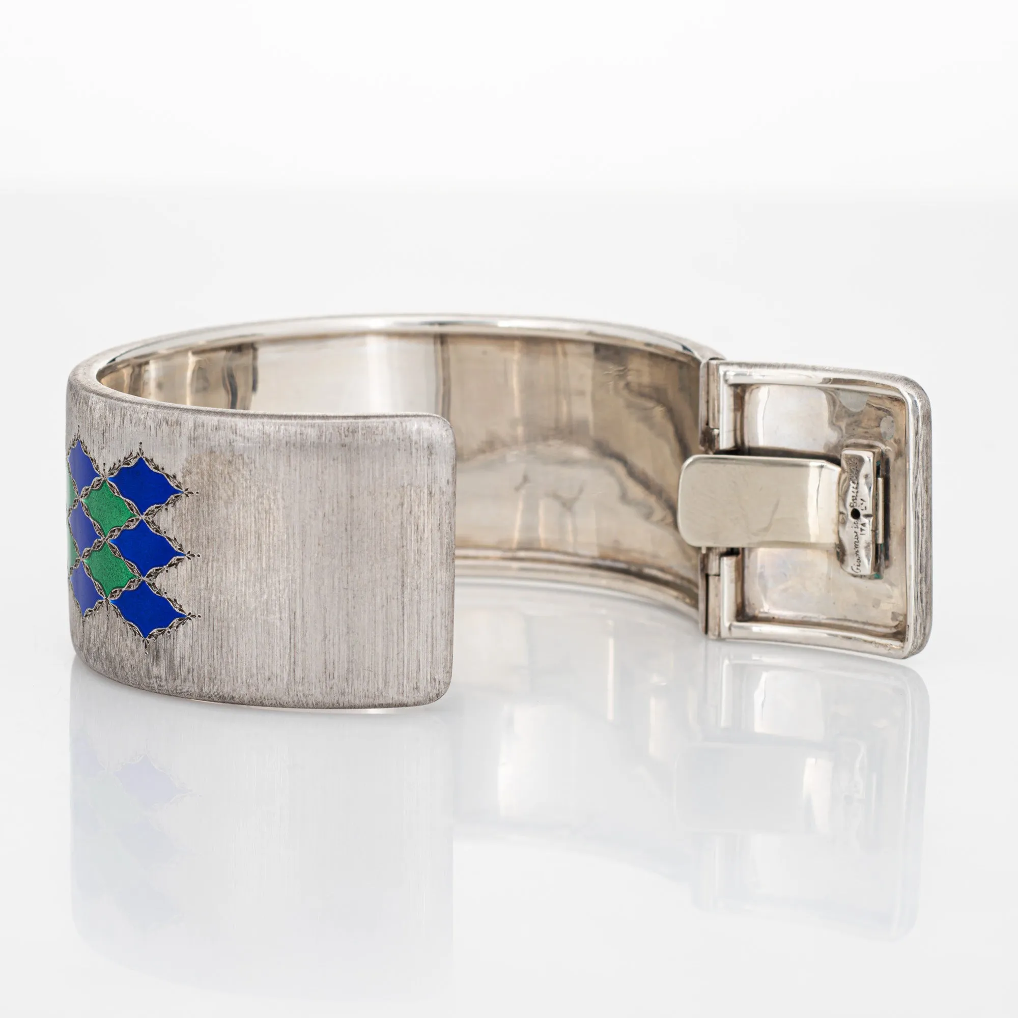 Vintage Buccellati Enamel Bracelet Cuff Sterling Silver Signed Jewelry 1" Wide