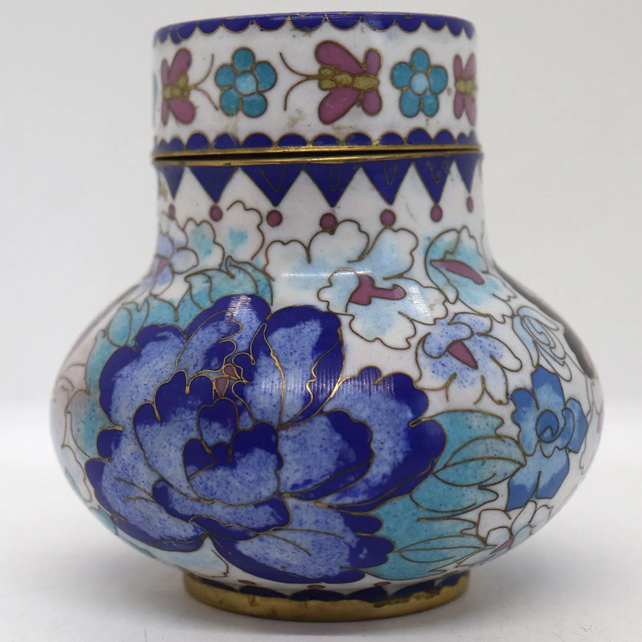 Vintage Chinese Cloisonne Enamel Brass Mounted Lidded Jar