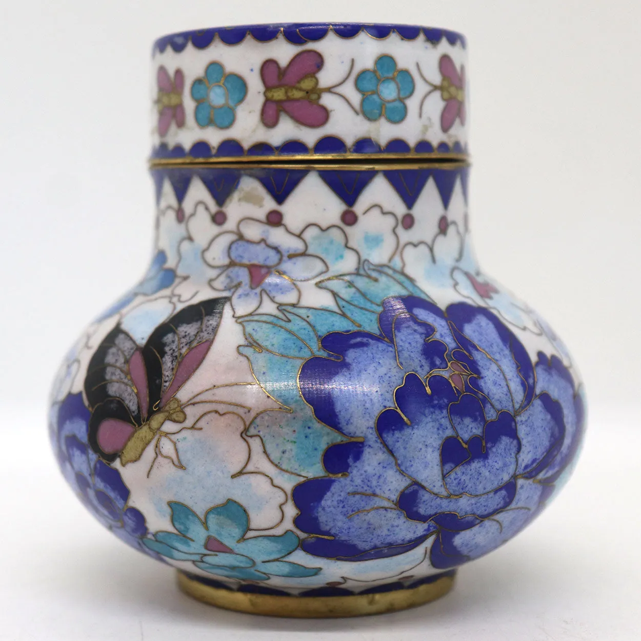 Vintage Chinese Cloisonne Enamel Brass Mounted Lidded Jar