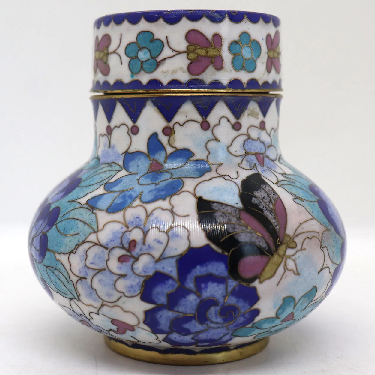 Vintage Chinese Cloisonne Enamel Brass Mounted Lidded Jar