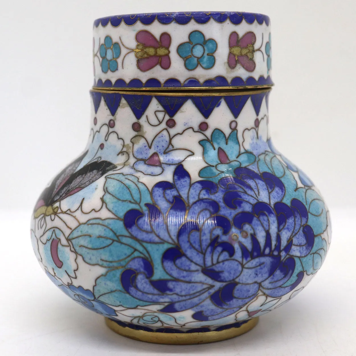 Vintage Chinese Cloisonne Enamel Brass Mounted Lidded Jar
