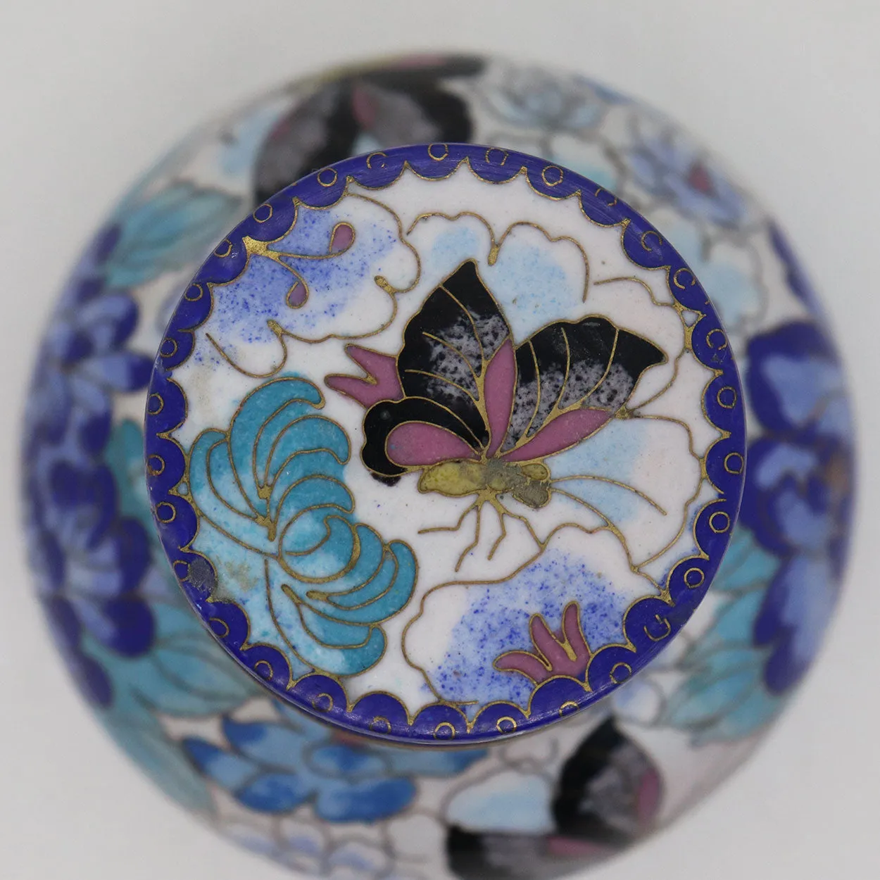 Vintage Chinese Cloisonne Enamel Brass Mounted Lidded Jar