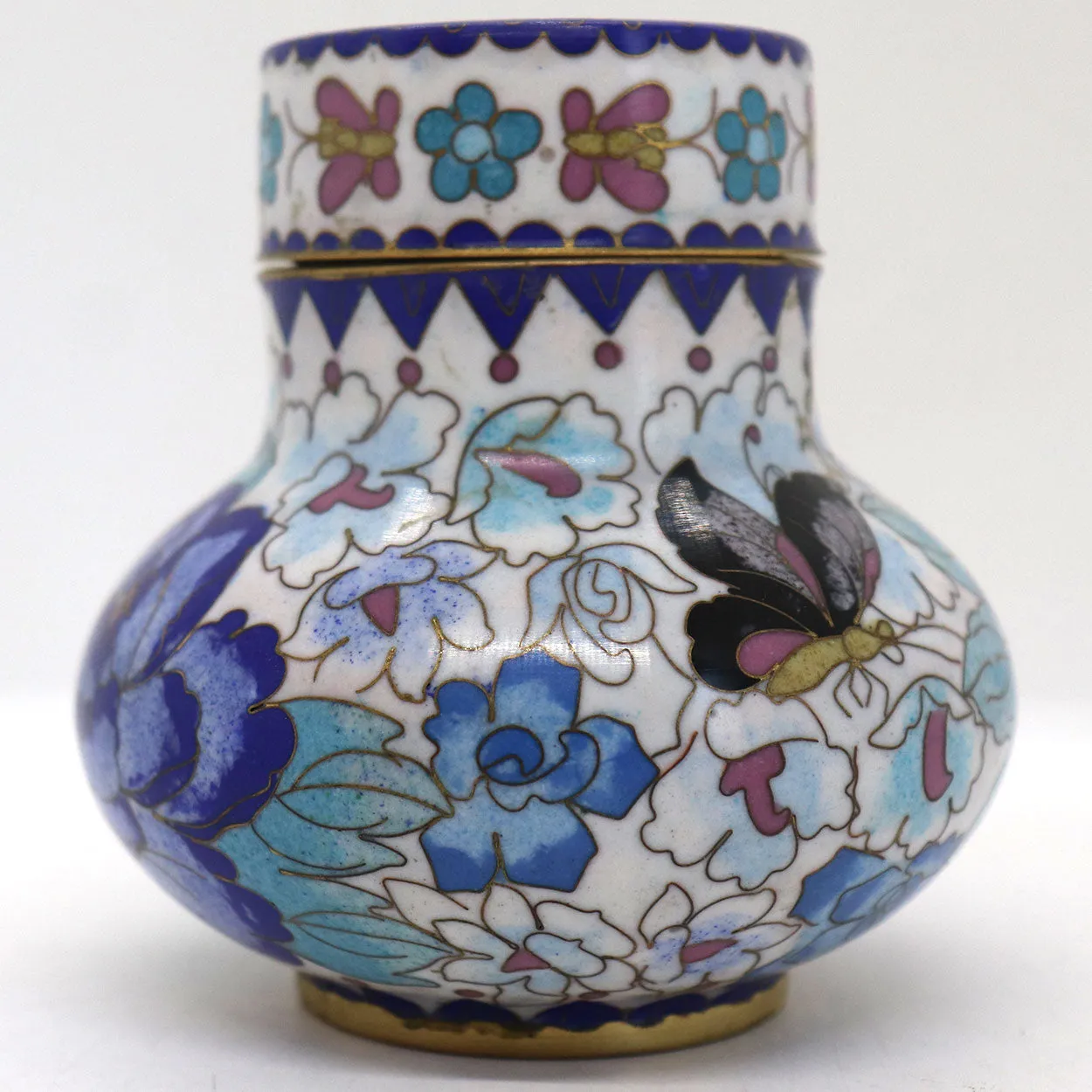 Vintage Chinese Cloisonne Enamel Brass Mounted Lidded Jar