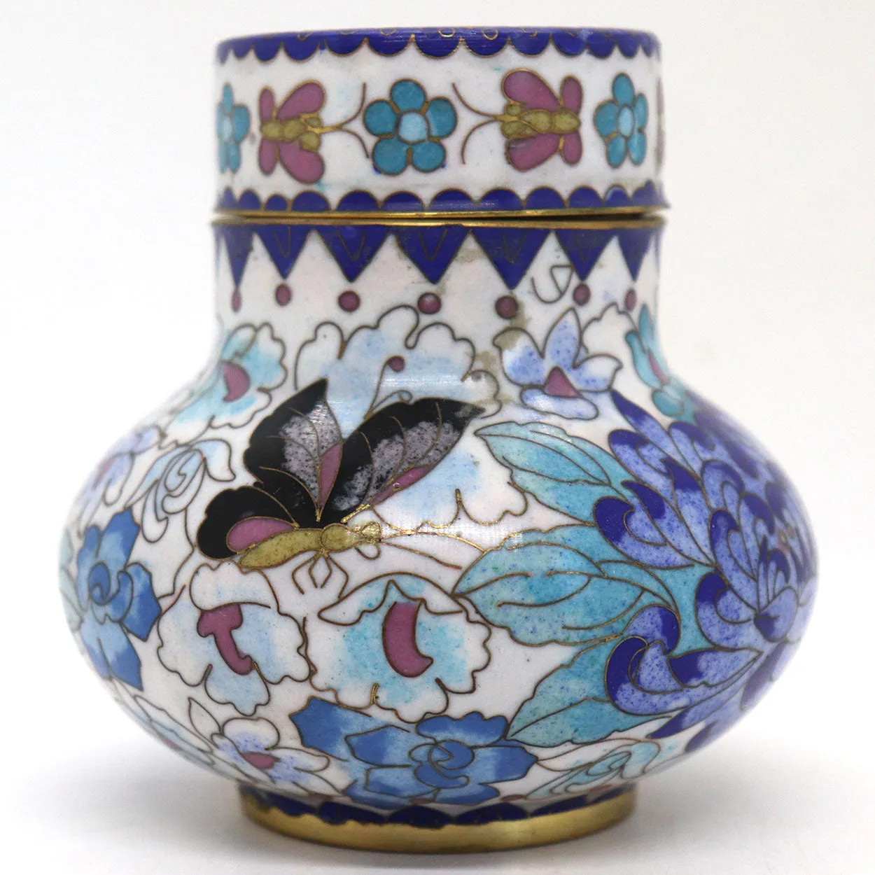 Vintage Chinese Cloisonne Enamel Brass Mounted Lidded Jar