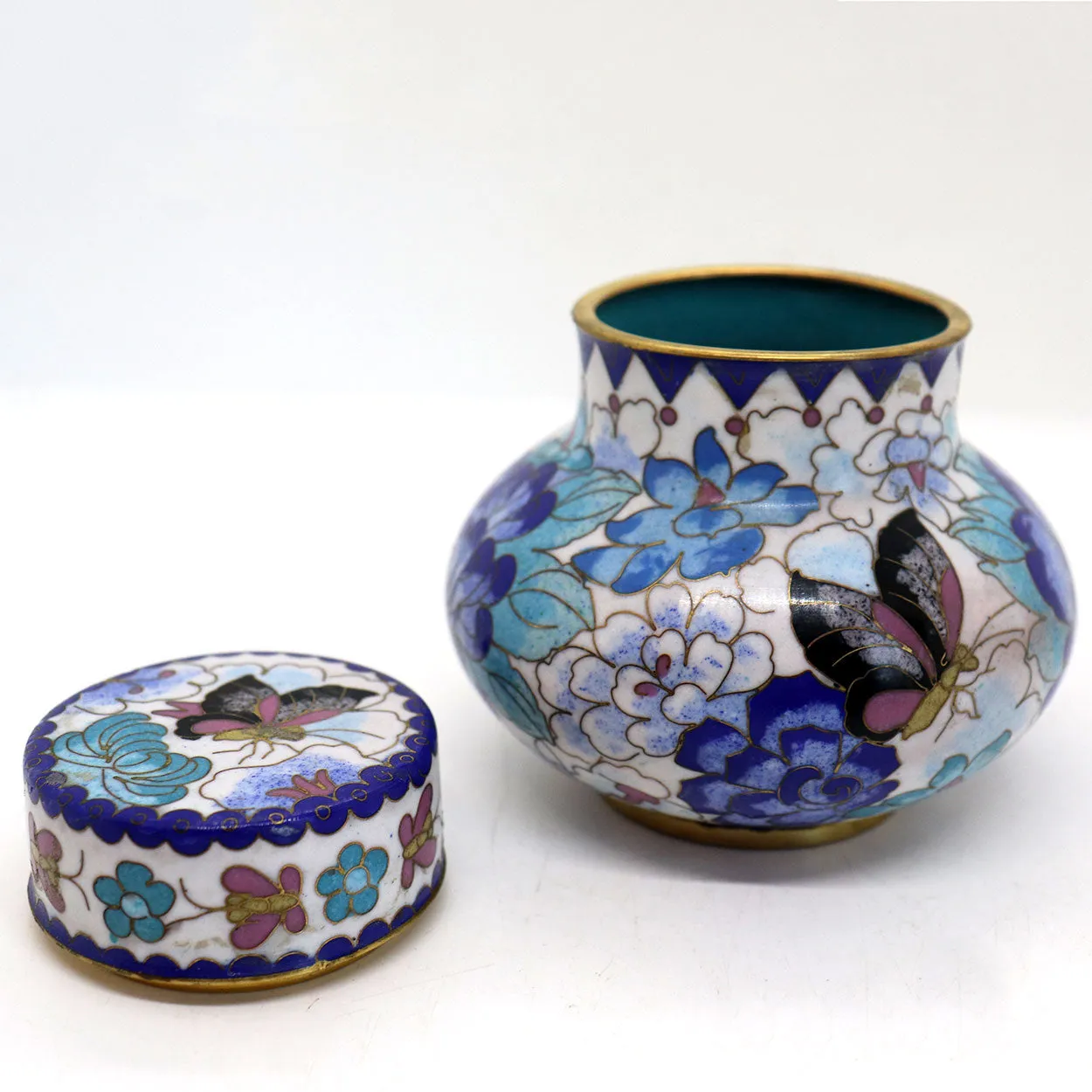 Vintage Chinese Cloisonne Enamel Brass Mounted Lidded Jar