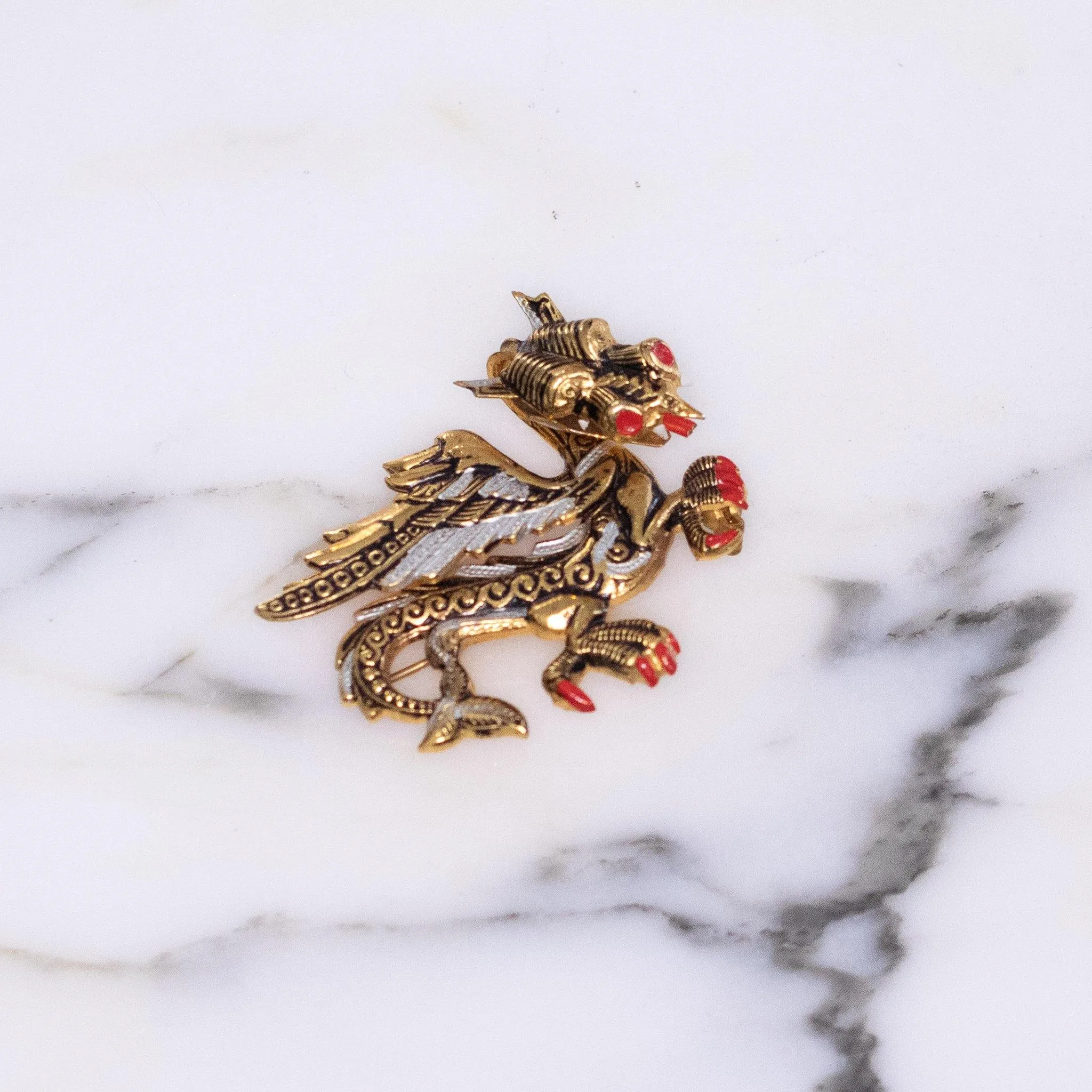 Vintage Damascene Gold, Black, Silver Dragon Brooch