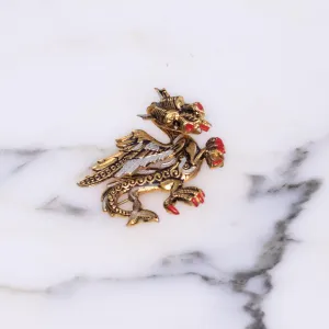Vintage Damascene Gold, Black, Silver Dragon Brooch