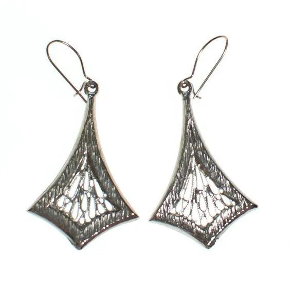 Vintage Enamel and Silver Filigree Drop Earrings, Pierced, Dangling, Drop