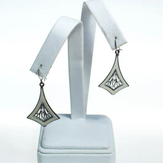 Vintage Enamel and Silver Filigree Drop Earrings, Pierced, Dangling, Drop