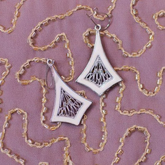 Vintage Enamel and Silver Filigree Drop Earrings, Pierced, Dangling, Drop