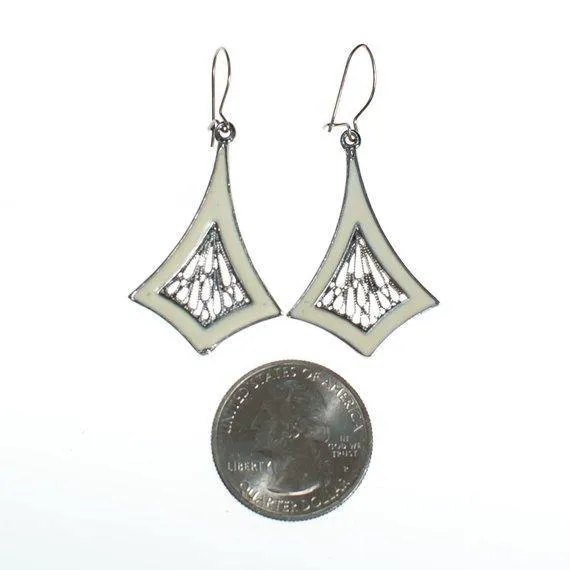 Vintage Enamel and Silver Filigree Drop Earrings, Pierced, Dangling, Drop