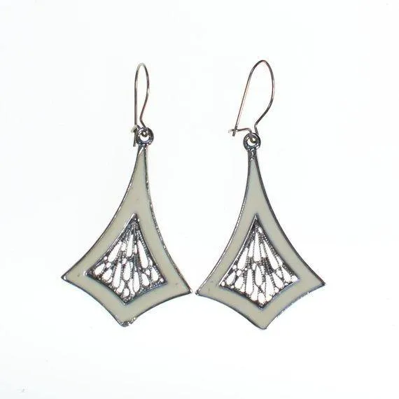 Vintage Enamel and Silver Filigree Drop Earrings, Pierced, Dangling, Drop