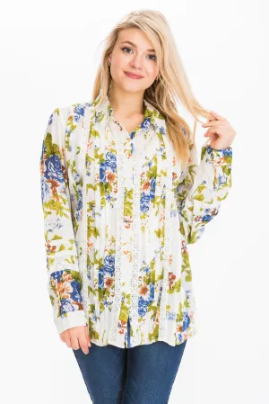 Vintage Floral Shirt with Lace Inserts and Pin Tucks