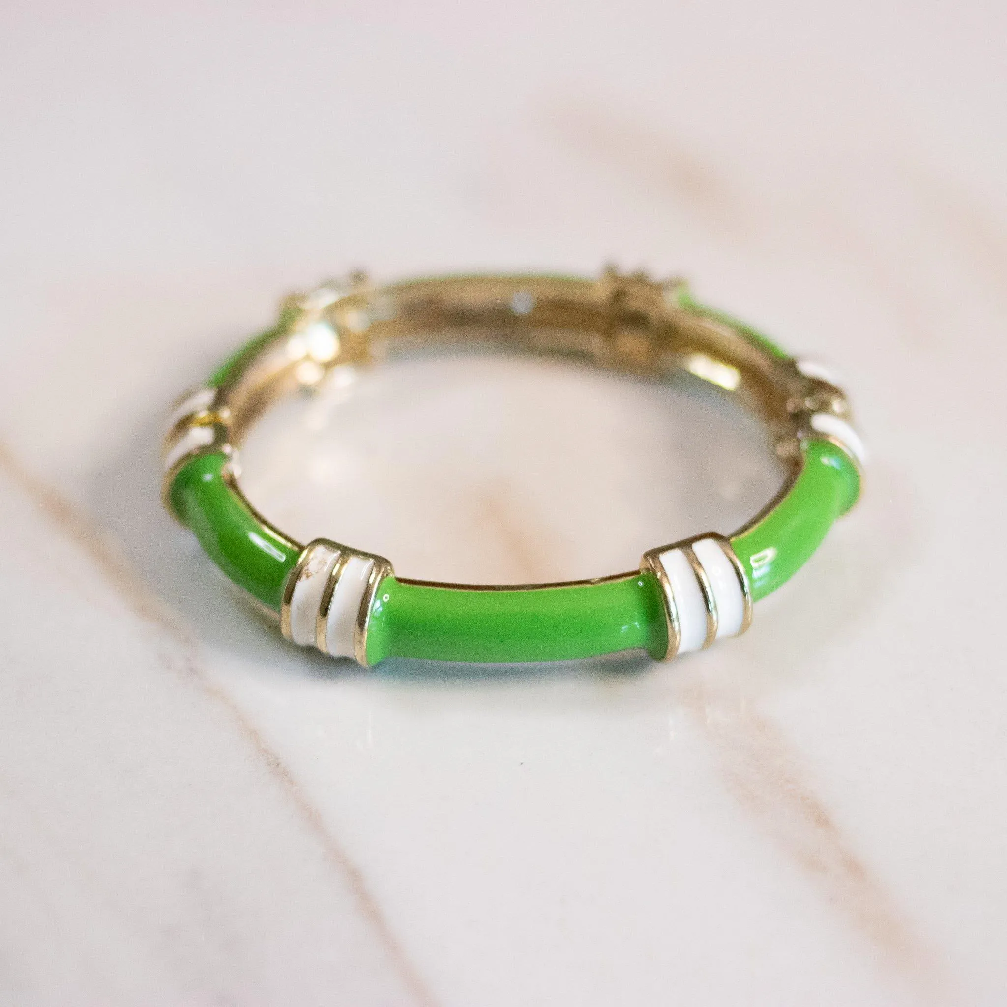Vintage Fornash Green and White Enamel Bangle Bracelet with Hinge