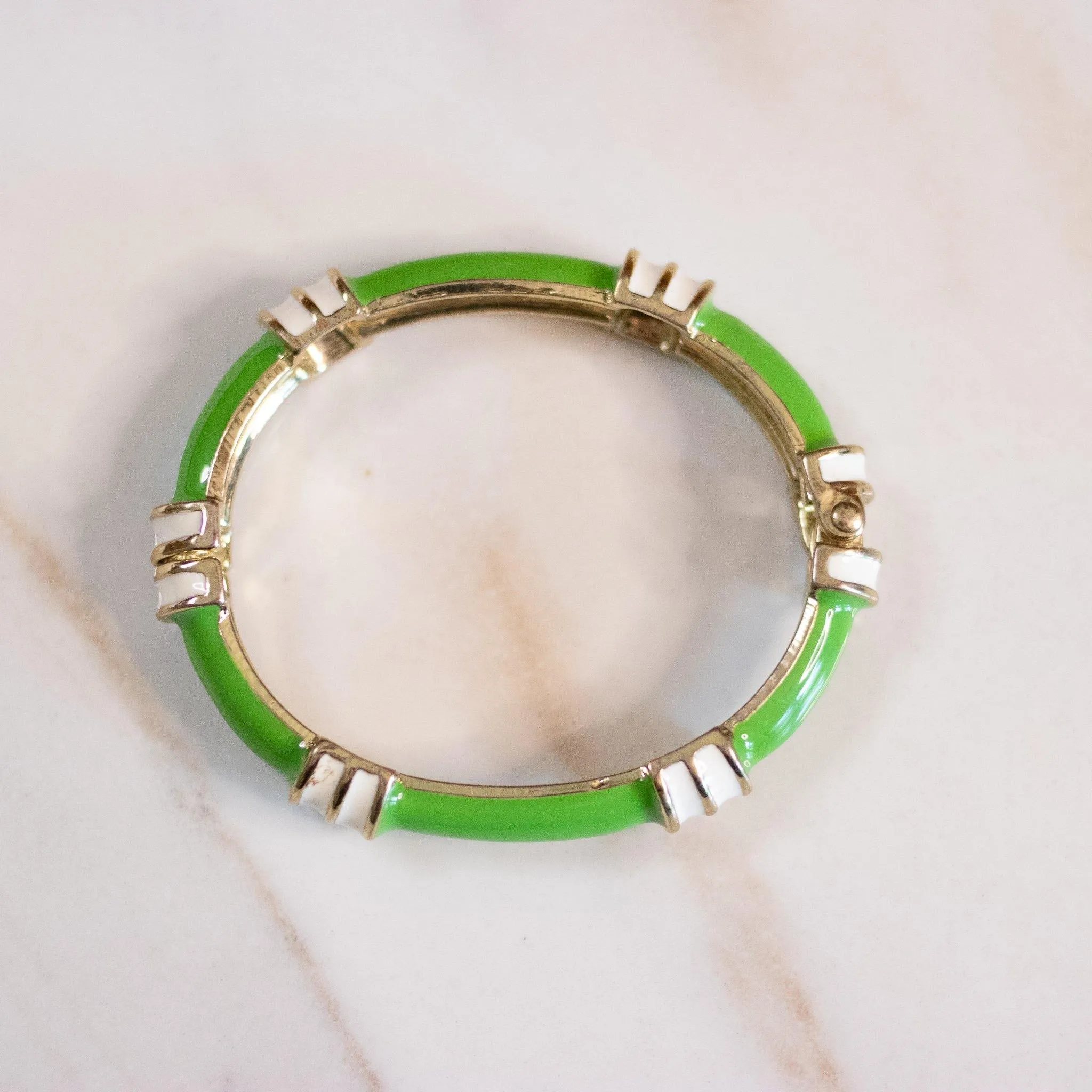 Vintage Fornash Green and White Enamel Bangle Bracelet with Hinge