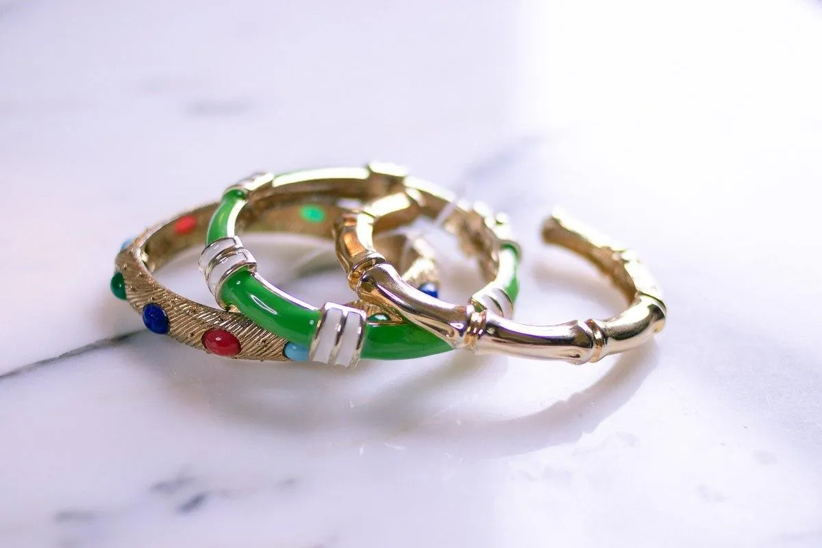Vintage Fornash Green and White Enamel Bangle Bracelet with Hinge