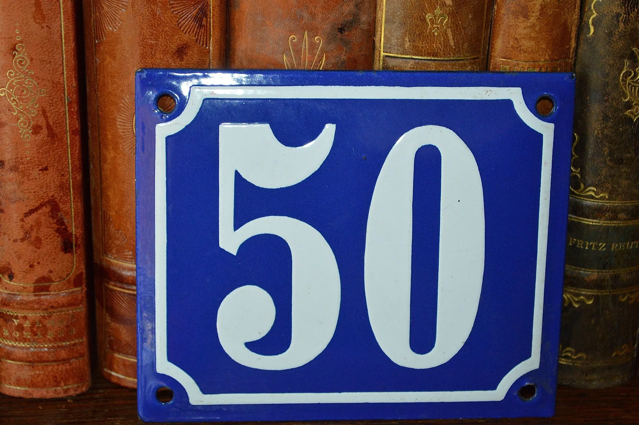 Vintage French Blue Enamel Sign Number 50 House Plaque
