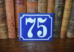 Vintage French Blue Enamel Sign Number 75 House Plaque