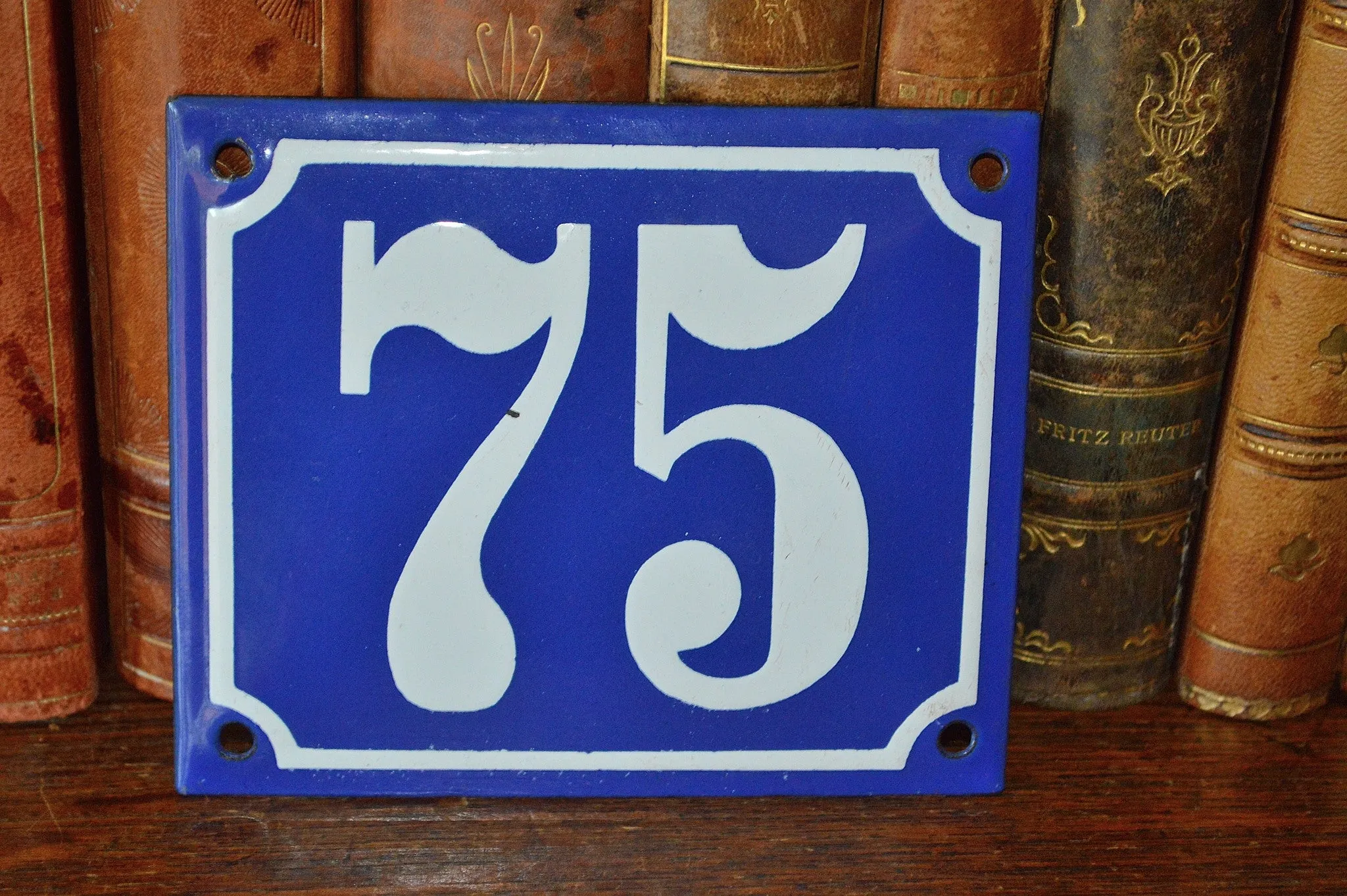 Vintage French Blue Enamel Sign Number 75 House Plaque