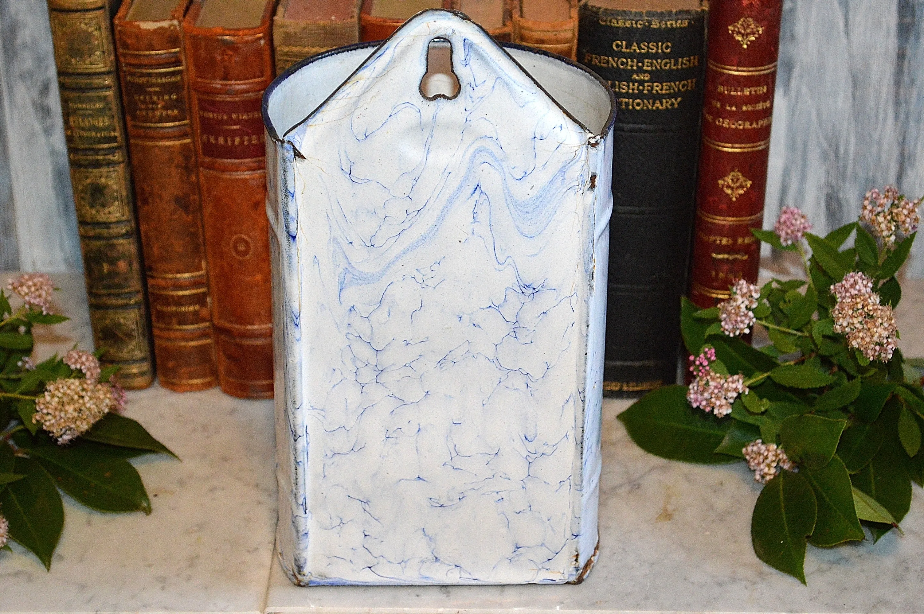 Vintage French Blue White Enamel Water Irrigator Enamelware Graniteware