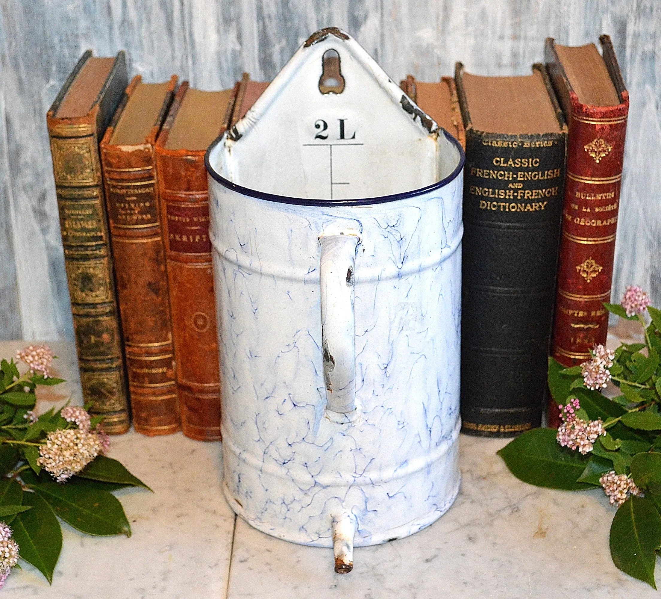 Vintage French Blue White Enamel Water Irrigator Enamelware Graniteware