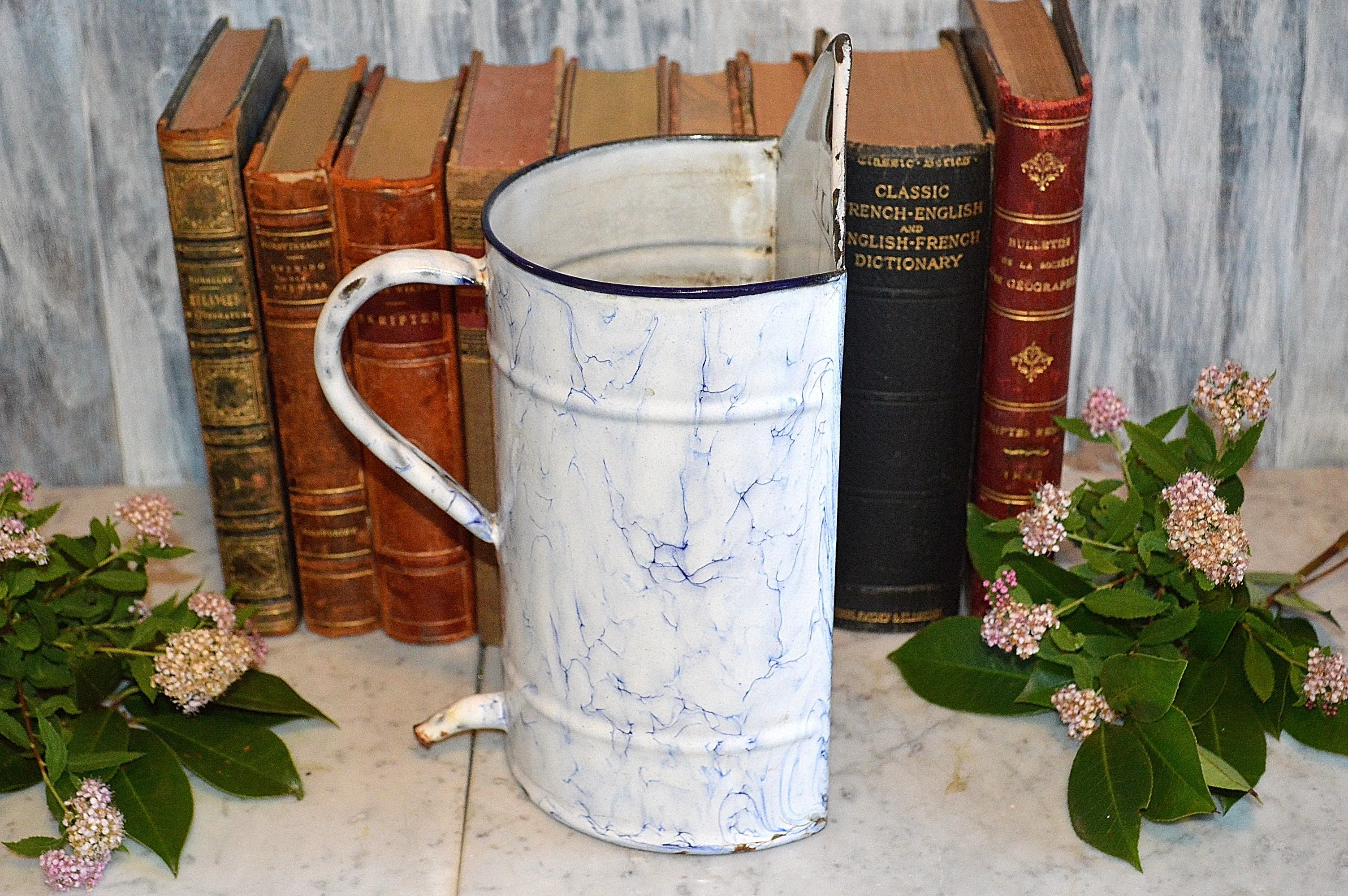 Vintage French Blue White Enamel Water Irrigator Enamelware Graniteware
