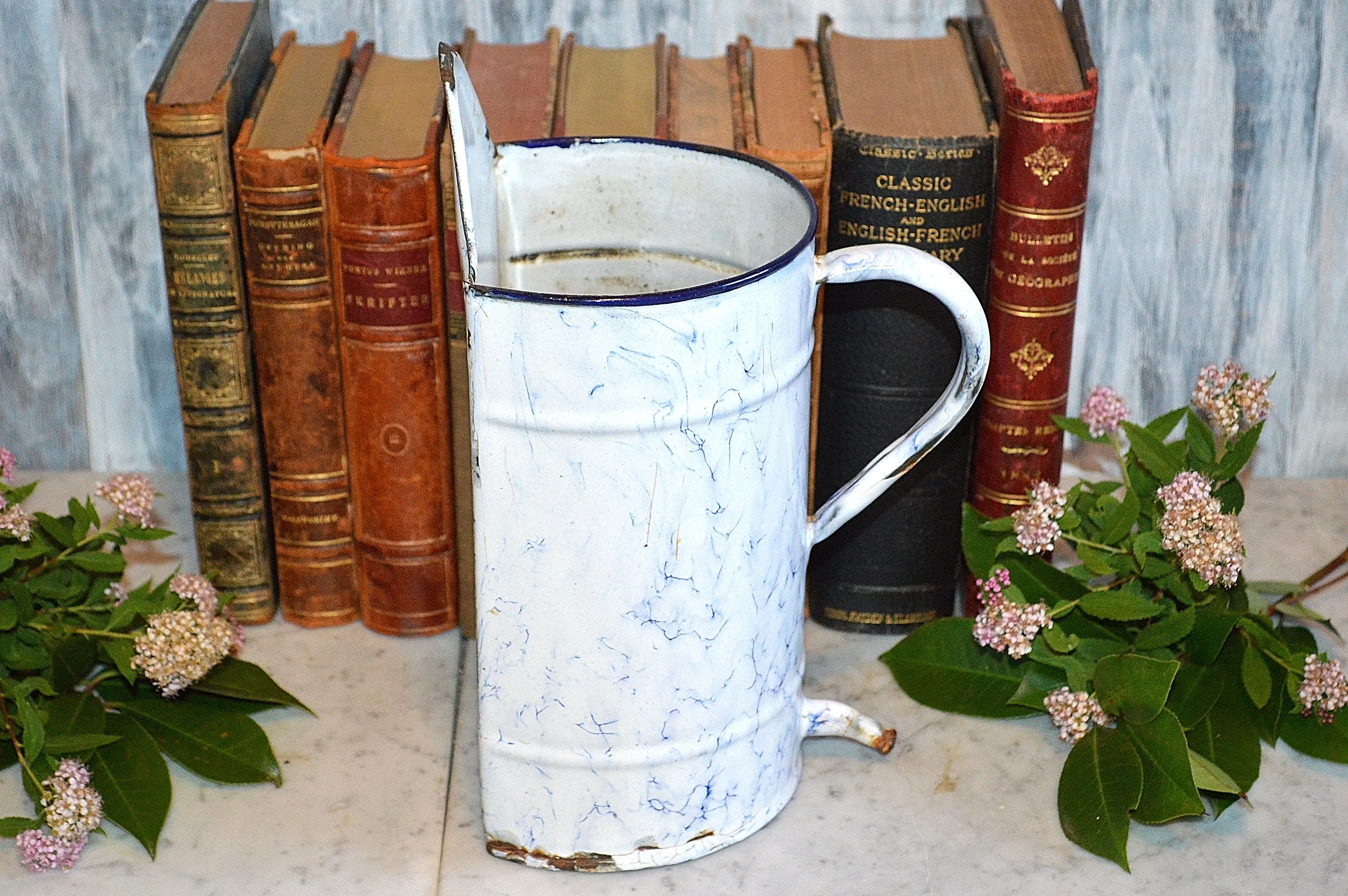 Vintage French Blue White Enamel Water Irrigator Enamelware Graniteware