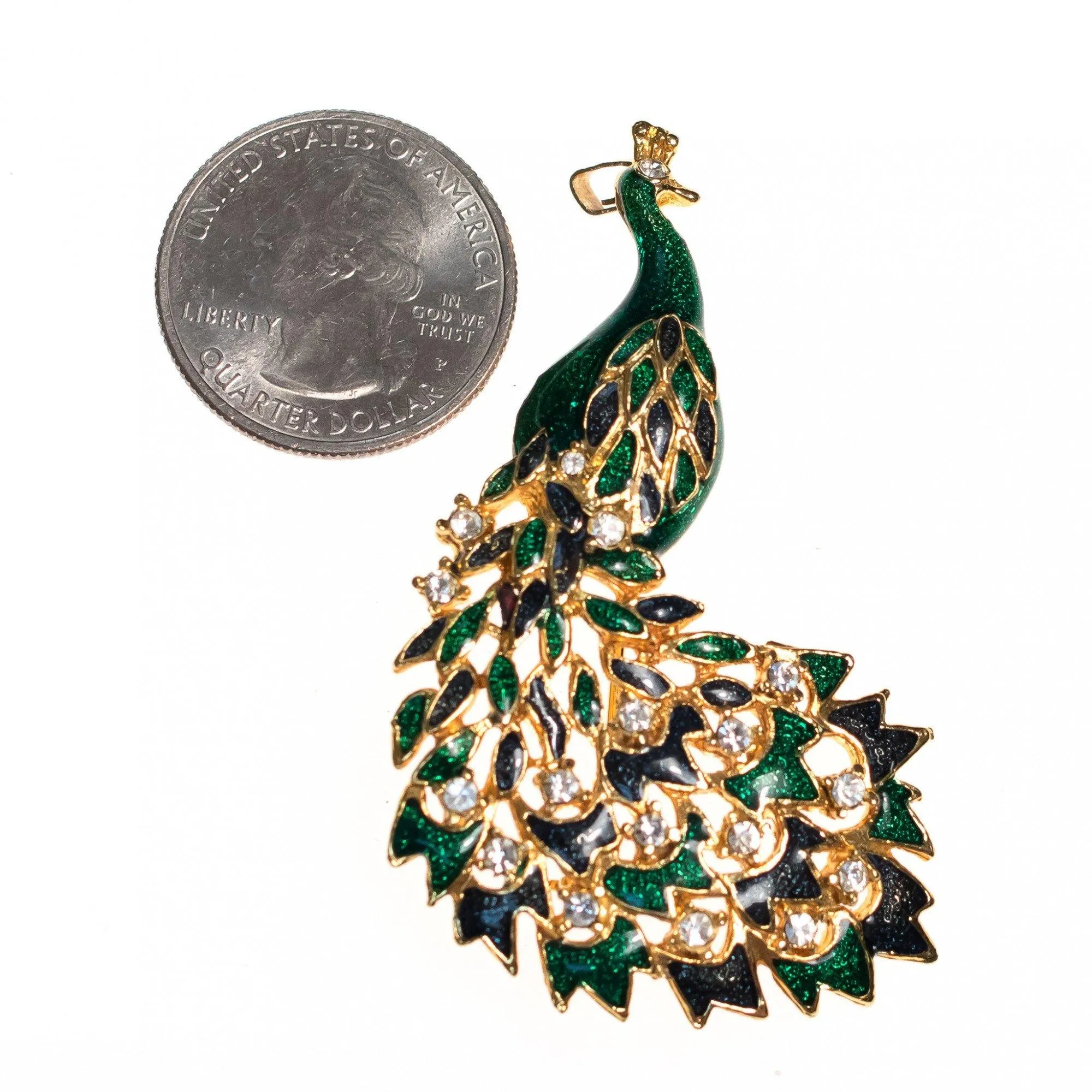 Vintage Green and Blue Bejeweled Peacock Brooch