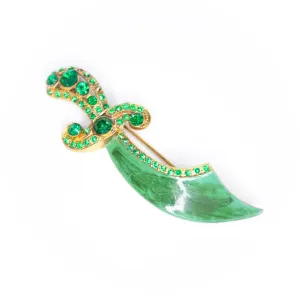 Vintage Green Enamel and Rhinestone Saber Brooch