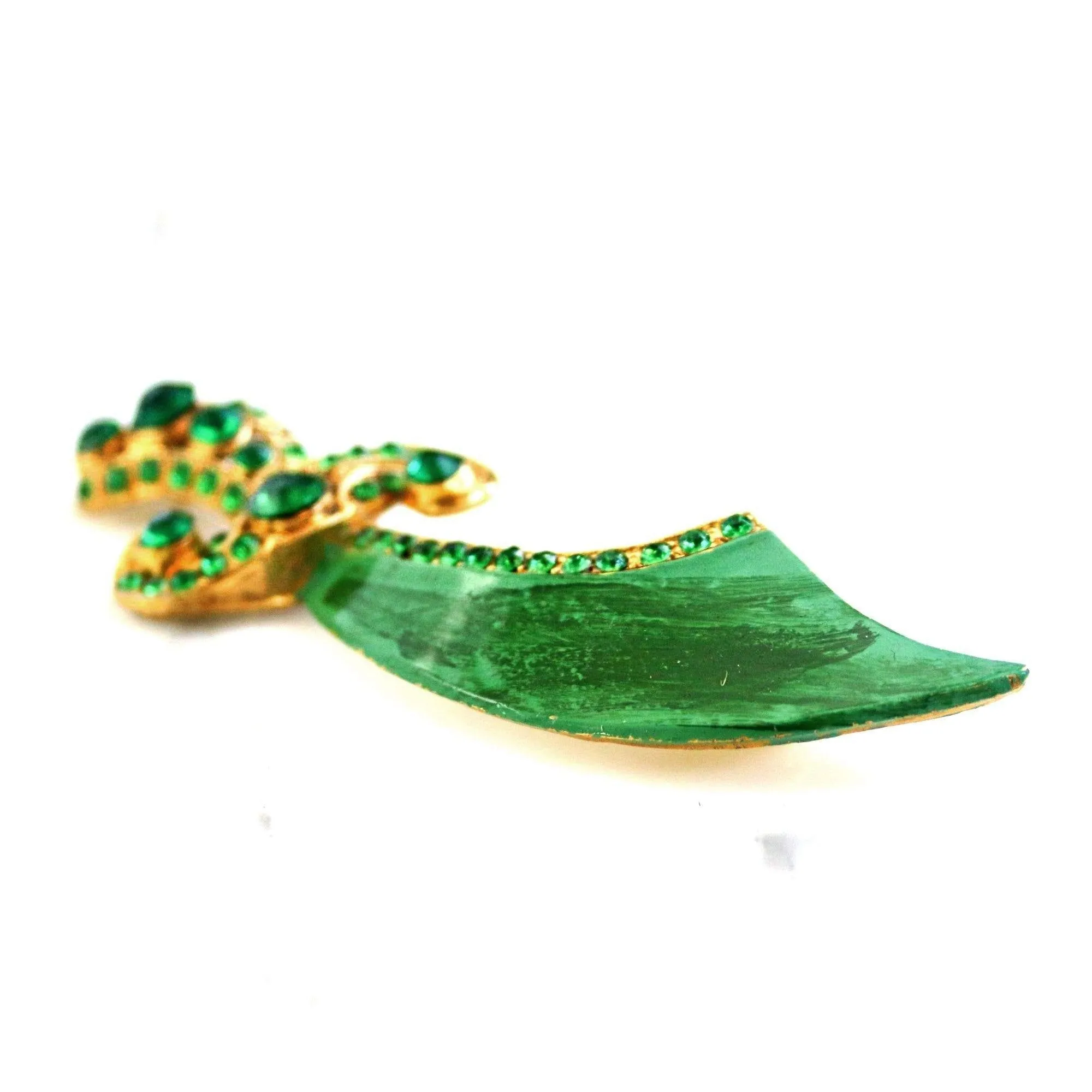 Vintage Green Enamel and Rhinestone Saber Brooch