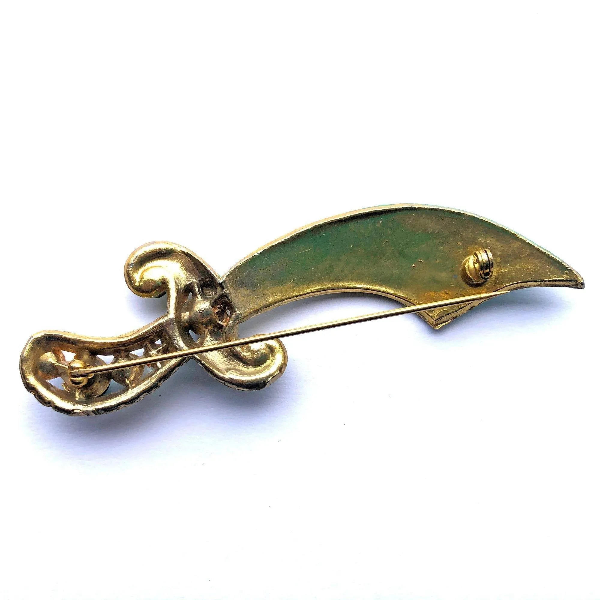 Vintage Green Enamel and Rhinestone Saber Brooch