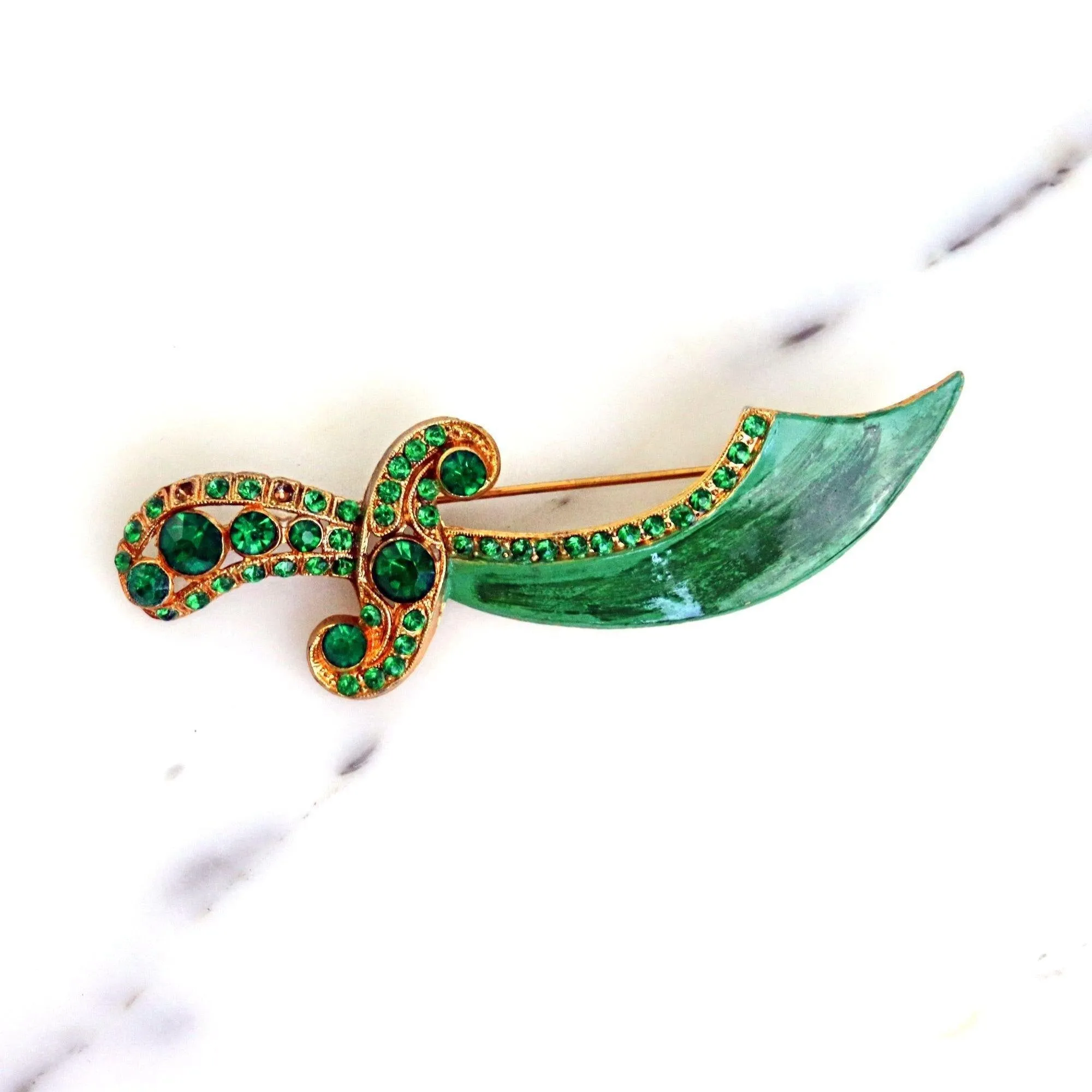 Vintage Green Enamel and Rhinestone Saber Brooch