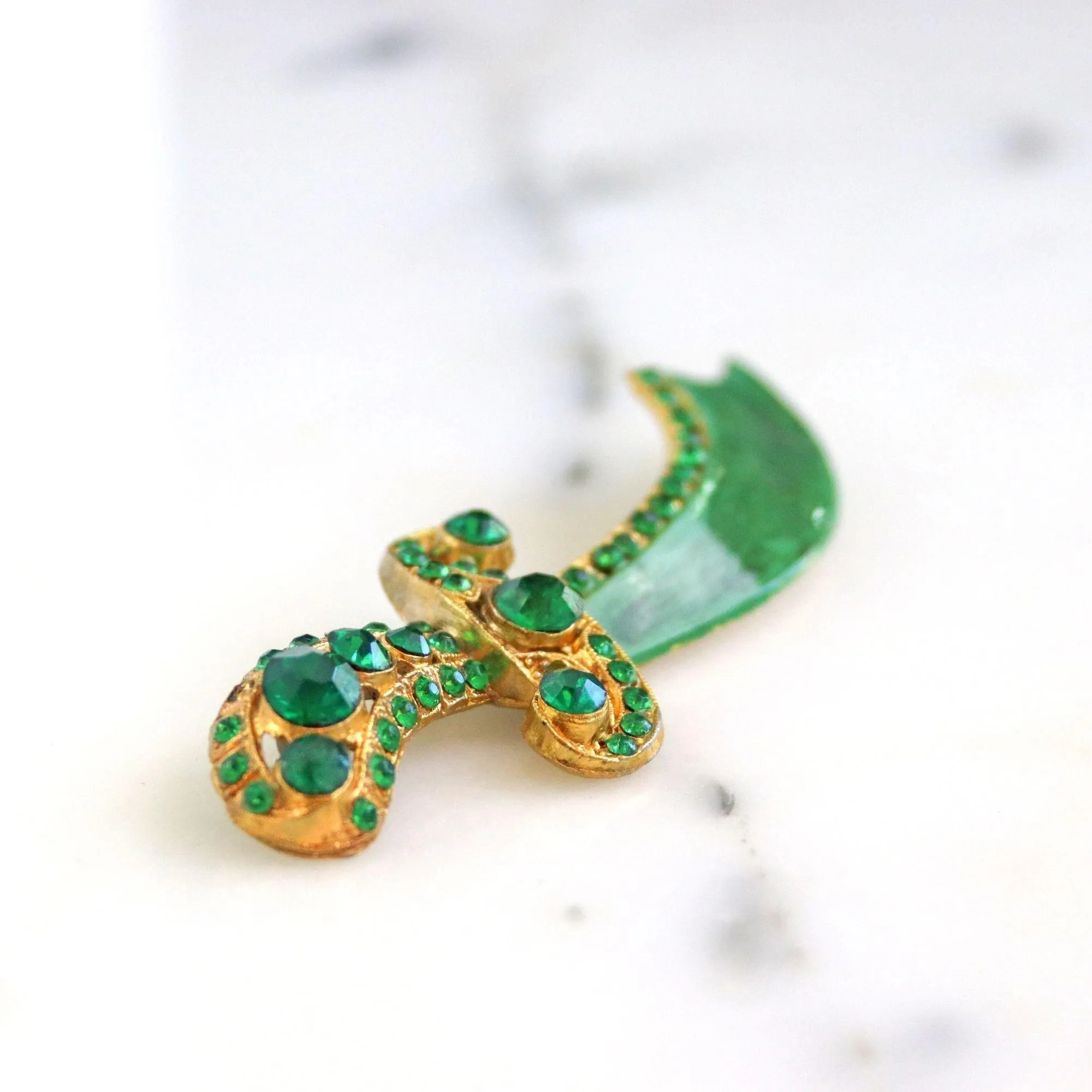 Vintage Green Enamel and Rhinestone Saber Brooch