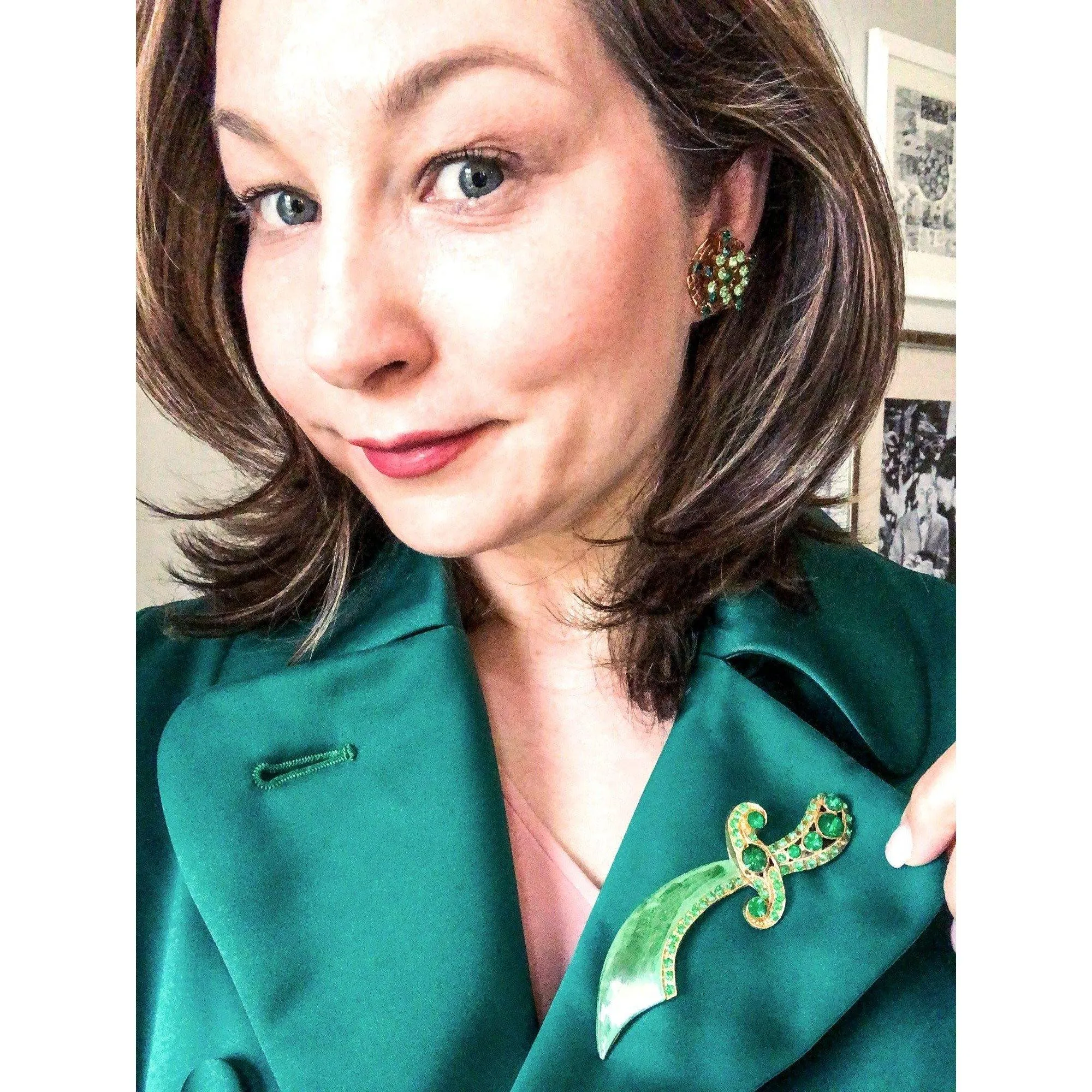 Vintage Green Enamel and Rhinestone Saber Brooch