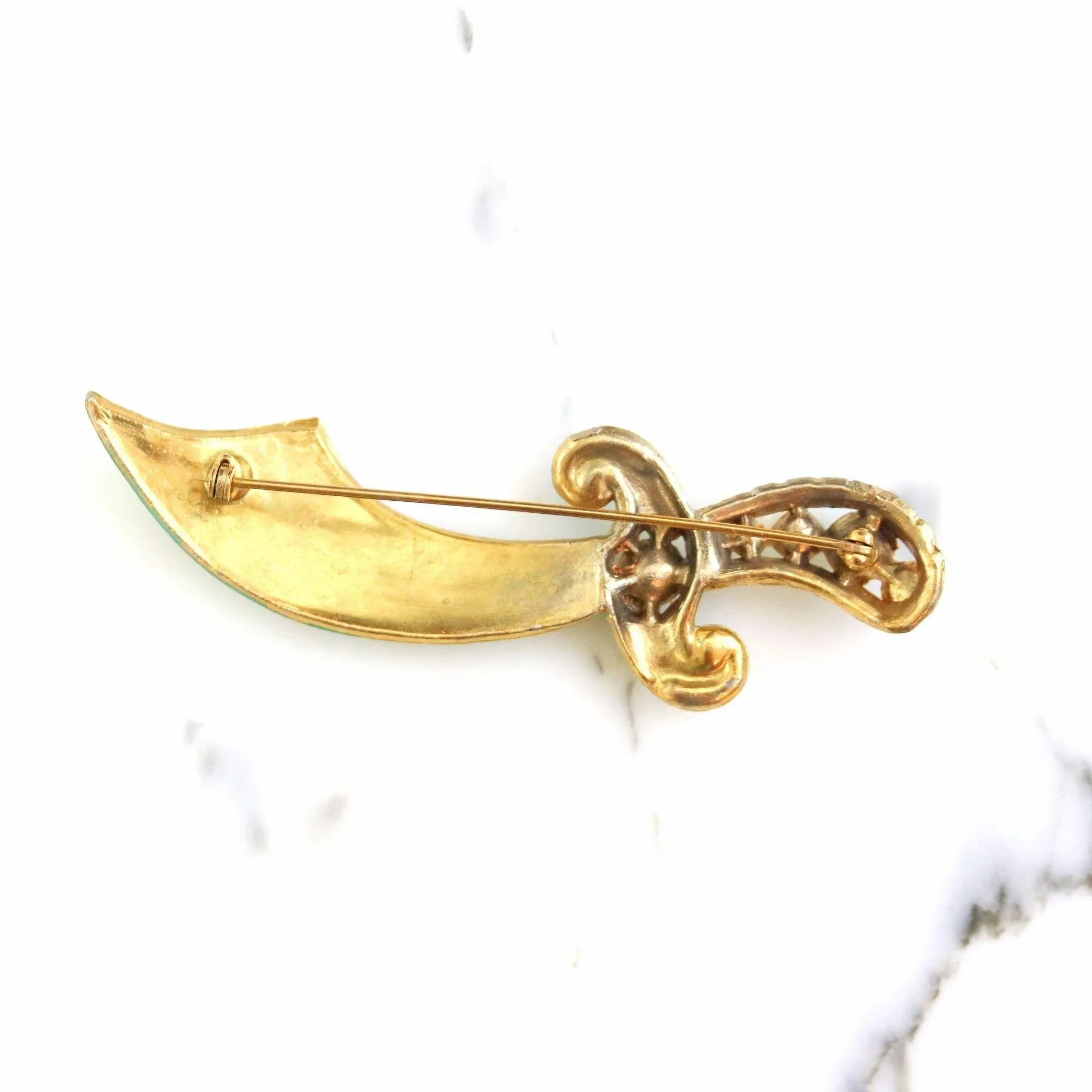 Vintage Green Enamel and Rhinestone Saber Brooch