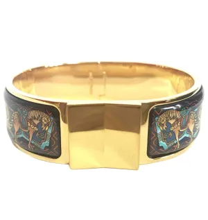 Vintage Hermes cloisonne enamel golden click and clack Flacon bangle with multicolor ethnic and horse design. Great gift idea.
