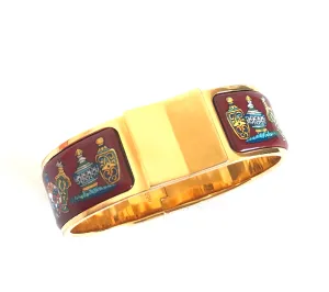Vintage Hermes cloisonne enamel golden click and clack Flacon bangle with wine red and colorful perfume bottle design. Great gift idea. 050406r8