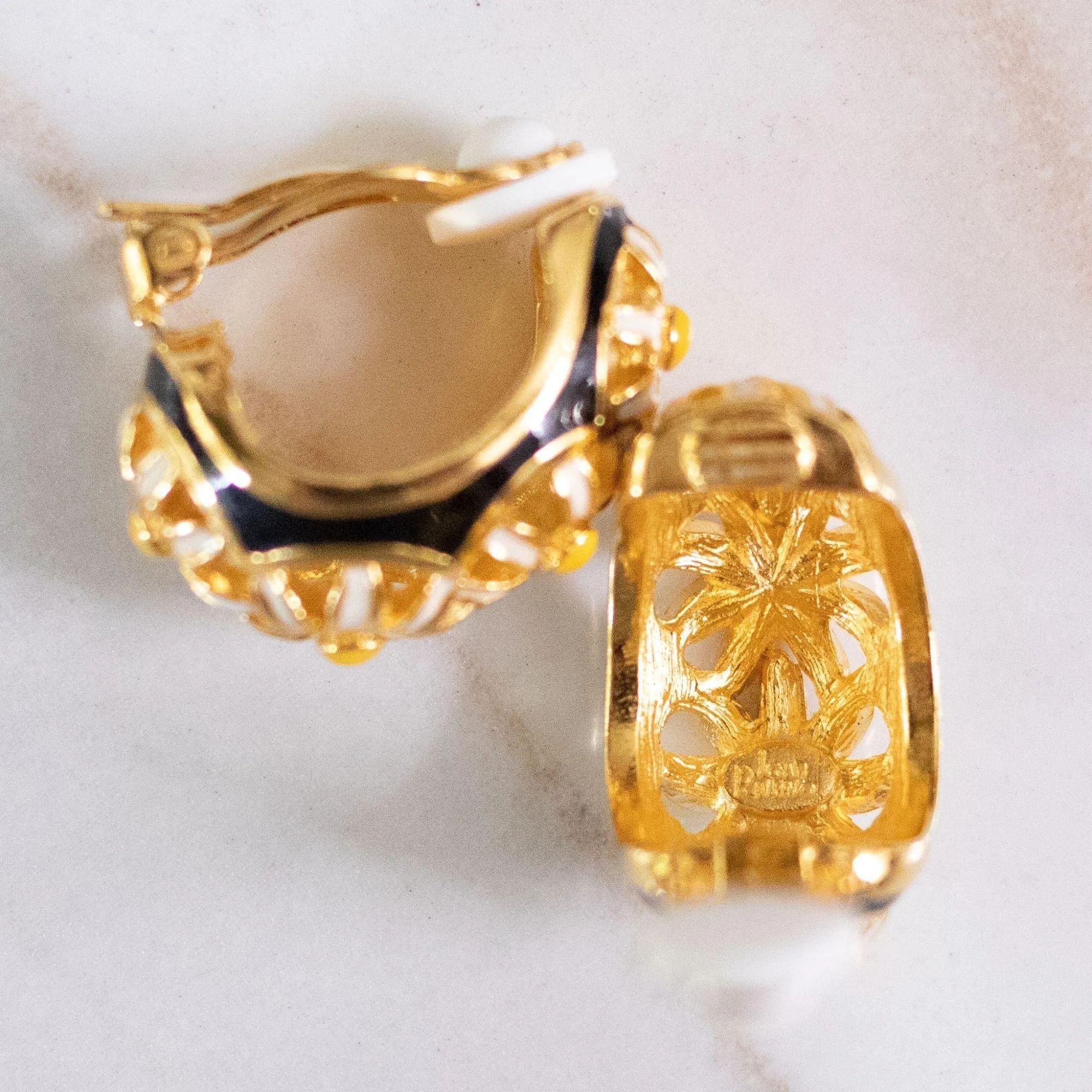Vintage Joan Rivers Yellow Daisy and Black Enamel Earrings