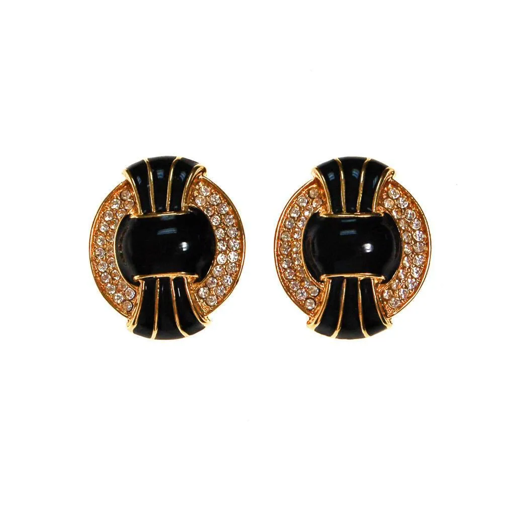 Vintage Kenneth Jay Lane Black, Gold, and Swarovski Rhinestone Statement Earrings