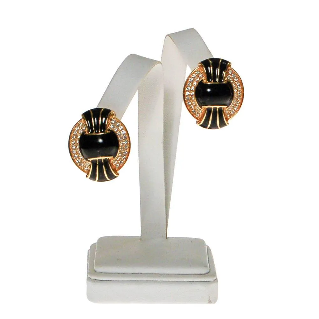 Vintage Kenneth Jay Lane Black, Gold, and Swarovski Rhinestone Statement Earrings