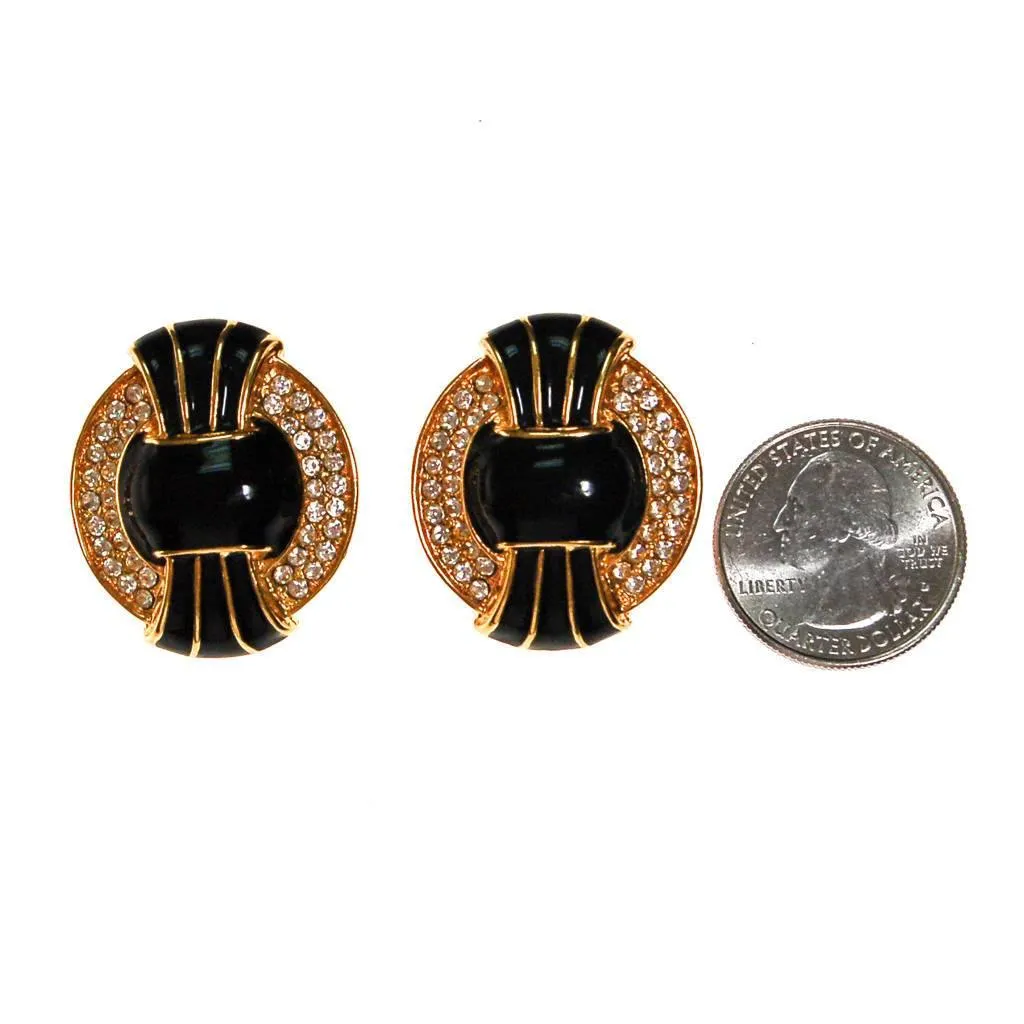 Vintage Kenneth Jay Lane Black, Gold, and Swarovski Rhinestone Statement Earrings