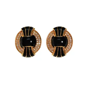 Vintage Kenneth Jay Lane Black, Gold, and Swarovski Rhinestone Statement Earrings