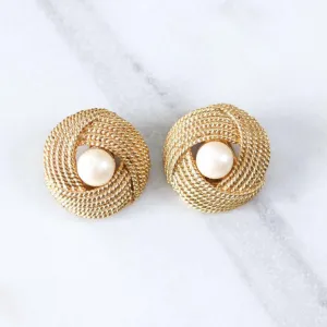 Vintage Mimi Di Ni Faux Pearl Gold Knot Style Statement Earrings