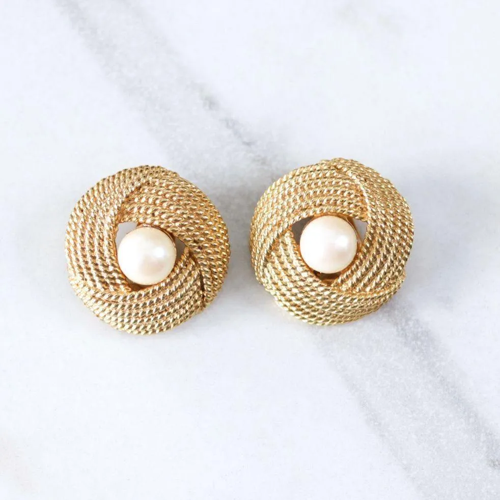 Vintage Mimi Di Ni Faux Pearl Gold Knot Style Statement Earrings