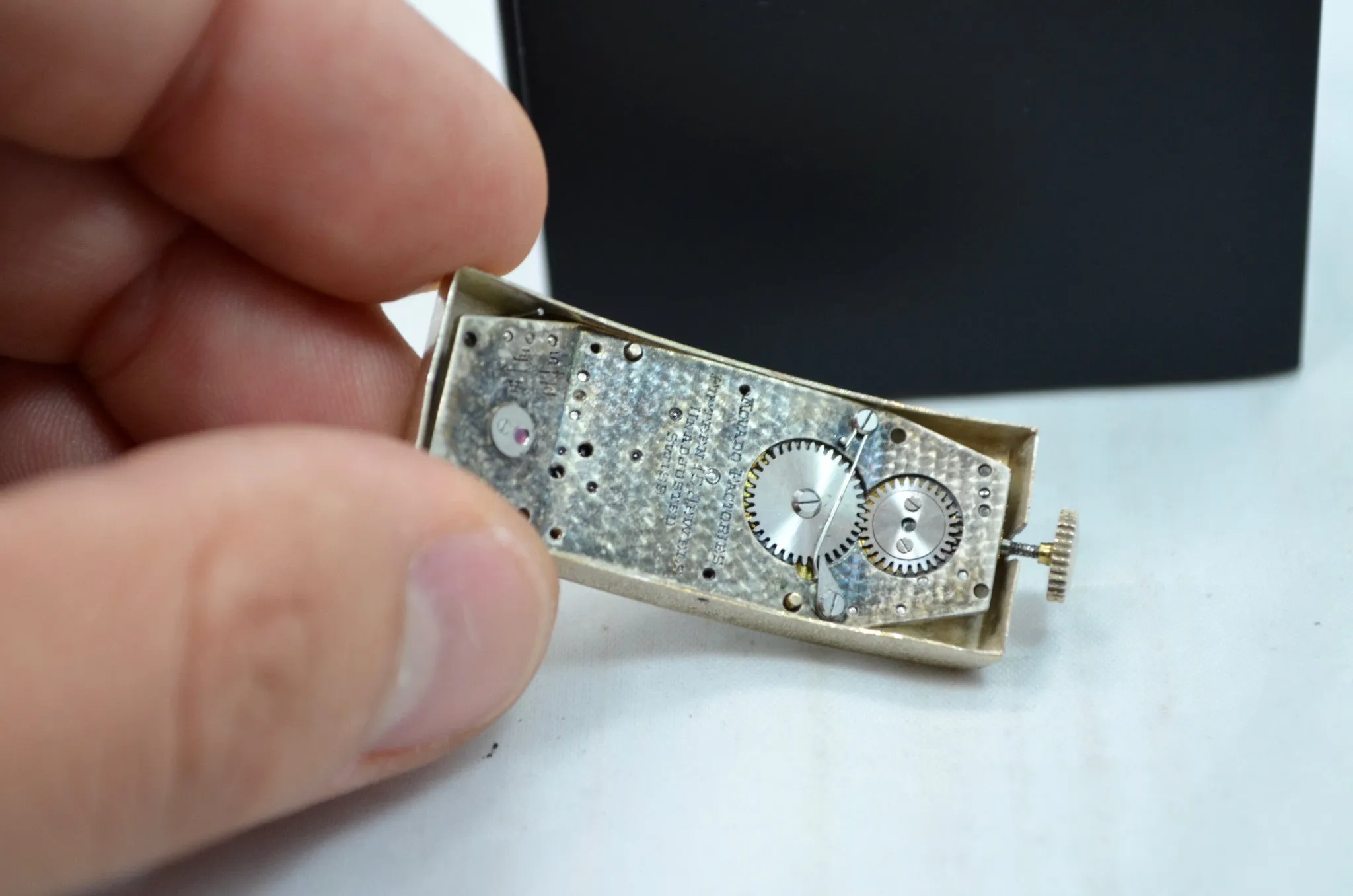Vintage Movado Polyplan 18K White Gold Large Size Enamel Rectangular Wristwatch