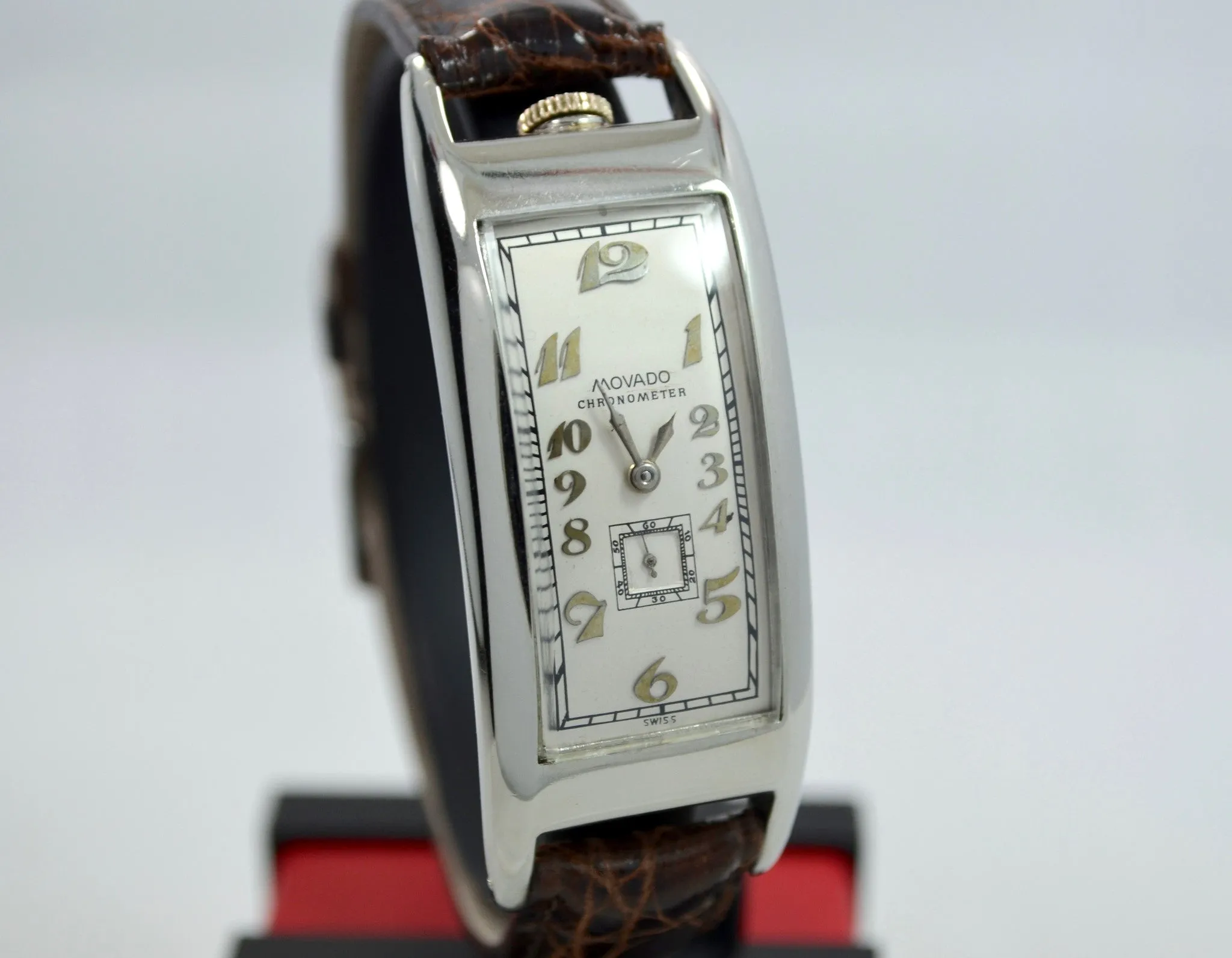 Vintage Movado Polyplan 18K White Gold Large Size Enamel Rectangular Wristwatch