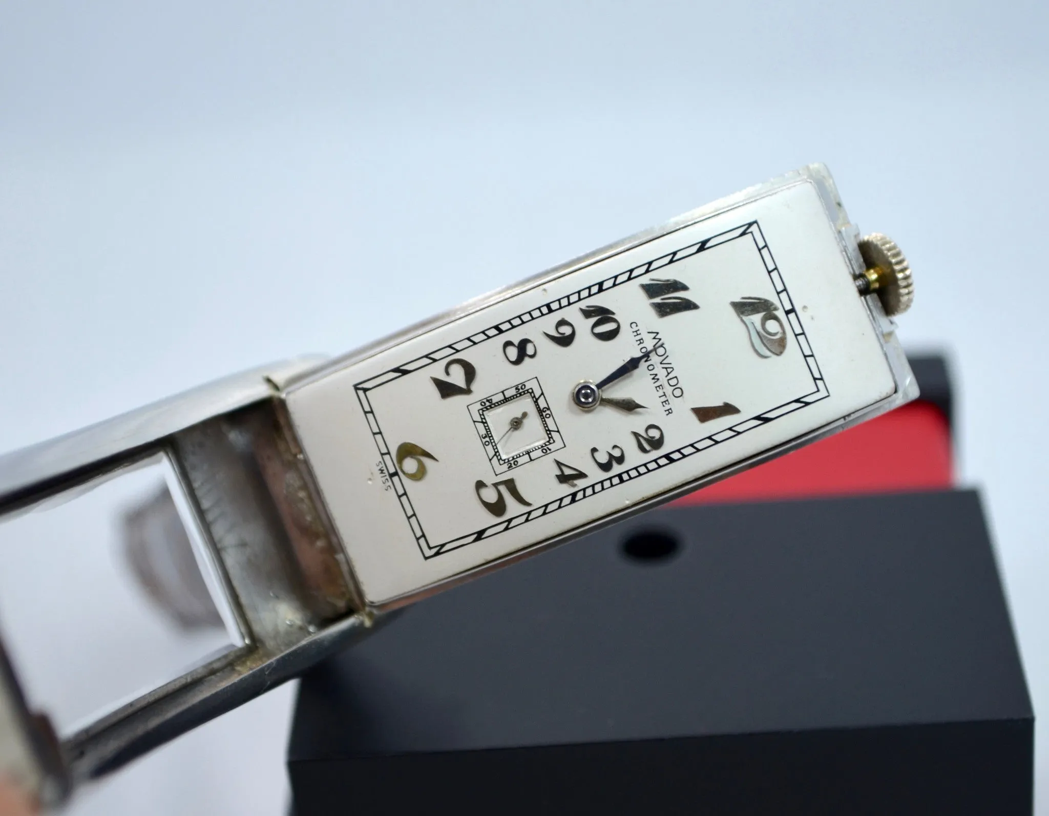 Vintage Movado Polyplan 18K White Gold Large Size Enamel Rectangular Wristwatch
