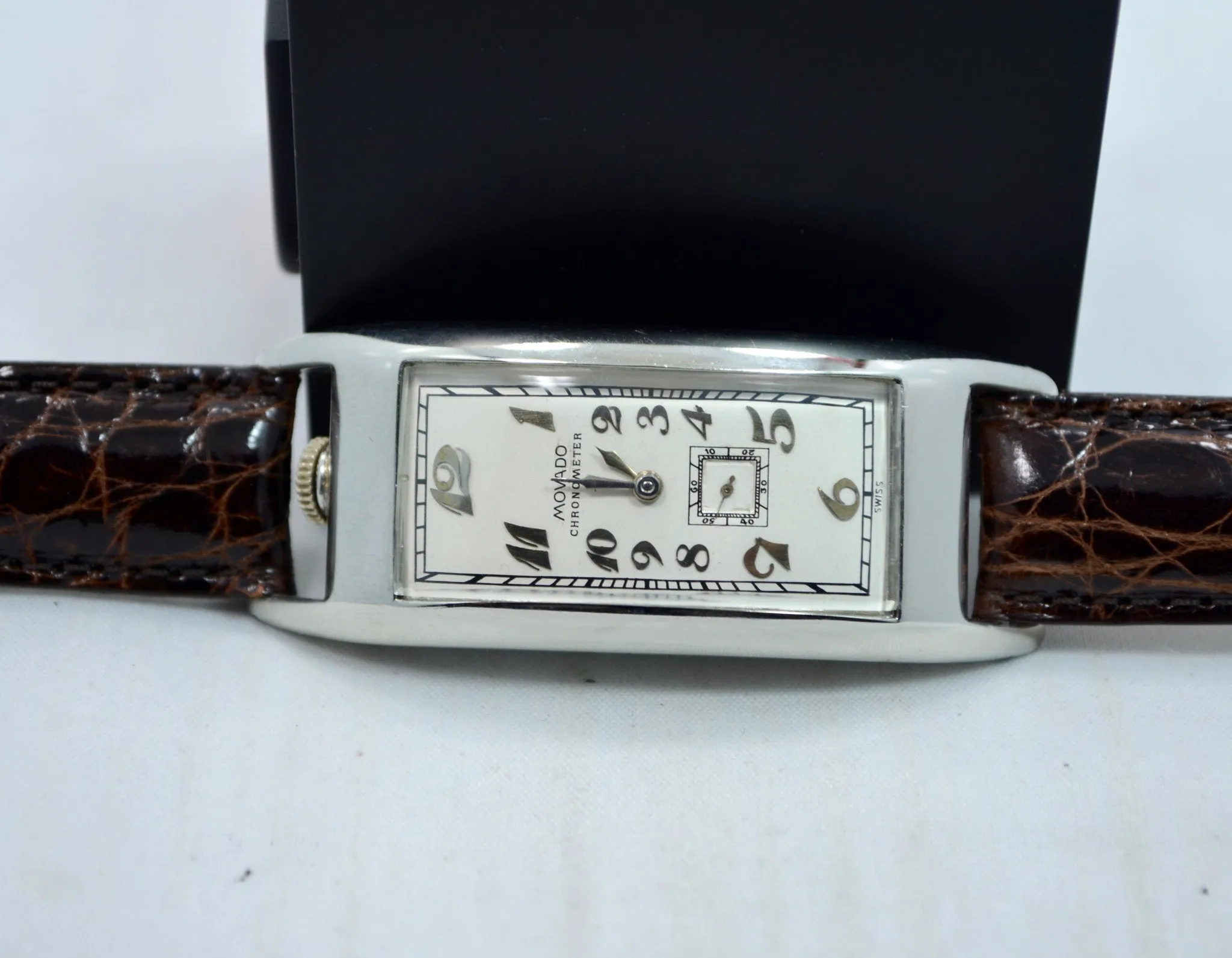 Vintage Movado Polyplan 18K White Gold Large Size Enamel Rectangular Wristwatch